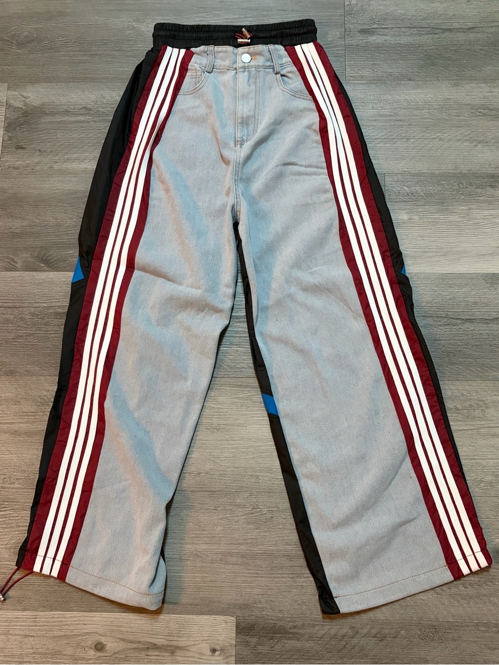 Women's Two-Tone Wide Leg Track Denim Pants - Light Blue & Black